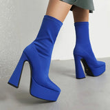 Fashion Women Ankle Boots Stretch Fabric Platform Square High Heel Punk Boots Pointed Toe Autumn Winter Ladies