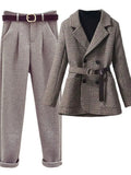 Winter Office Ladies Elegant Sets Womens Outfits 2023 Plaid Thick Coats+Turtleneck Knitted Sweater+woolen Harem Pants