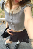 Two Piece Patchwork Lace Rufflesshort Tees Sweet Ballet Crop Tops Women Short Sleeve Tshirts Y2k Gray Camisetas