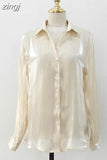 Button Up Satin Silk Shirt Vintage Blouse Women Spring Fashion White Lady Long Sleeves Loose Tops Korean Street