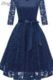 2023 Autumn Lace Dresses Femme 3/4 Sleeve V-Neck Women Red Dress Hollow Out Female Robes Big Size 2XL Vestidos de