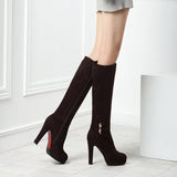 Women Flock Platform Square High Heel Knee High Boots Fashion Zipper Boots Autumn Winter Woman Shoes Black Brown Wine