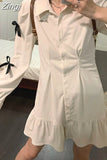 Long Sleeve Shirts Dresses Flounced Edge White Vintage Turn-down Collar Vestido Women Slim Waist Camisa Dress Y2k