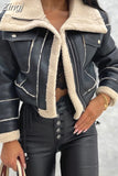 Fleece Patchwork Suede Winter Warm Jackets Women Casual Long Sleeve Lapel Neck Zipper Outerwear Street Party