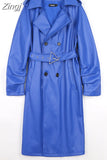 Spring Autumn Long Faux Leather Trench Coat for Women Belt Double Breasted Luxury Elegant Fashion
