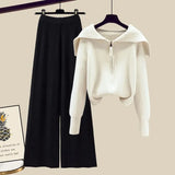 Winter Knit Two Piece Sets Womens Outfits Ladies Casual Sailor Collar Knitted Sweater And Wide Leg Pants Sets Koeran