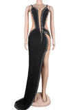 Sexy Blue Mesh Crystal Patchwork Asymmetrical Maxi Dress Women Strap See Through Bodycon Clubwear Long