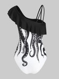 Skew Neck Flounce One-Piece Swimsuit Gothic Women Octopus Print Padded Bathing Suits Beach
