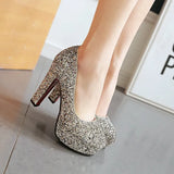 New Style Sexy Sequined Platform Shoes Female Square High Heels Pumps Slip On Party Wedding Shoes