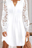 Mini Dress Women Summer Elegant Dress Female Fashion O Neck Button Dress Ladies Lace Hollow Out Long Sleeve