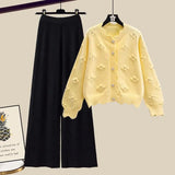 Winter Knit Sets Womens Outfits Korean Sweet Floral Knitted Cardigan And Wide Leg Pants Sets Ladies Elegant Knitting