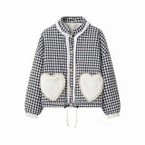 Plaid Heart Patchwork Pocket Puffer Jacket- Outfit