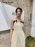 Argyle Texture Long Korean Dress Summer 2022 Womens Fashion Spaghetti Strap Bow Backless Tunic Slip Dress