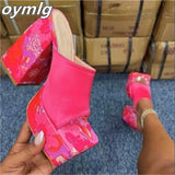 new square head thick bottom big thick heel one-line slippers women's large size high heel sandals