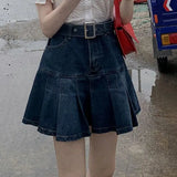 High Waist Y2K Jean Skirts Women Retro Mini Denim Pleated Skirts Harajuku Punk Belt Korean Student Casual A Line