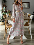 Summer New Long-sleeved Printed Dress Female V-neck Slim Waist Waist Long Skirt Bohemian Dress Female Office Lady