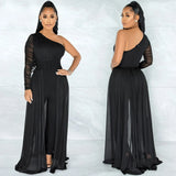 Women Fashion Elegant Casual One Shoulder Plain Sheer Mesh Jumpsuit Long Sleeve Chic Mesh Solid Elegance