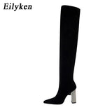 Designer Stretch Cloth Women Over-the-knee Boots Metal Square High Heel Shoes Sexy Pointed Toe Ladies Motorcycle