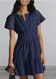 Women's V-Neck A-Shaped Hollow Lace Folded Short-Sleeved Mini