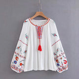 Queens Women Tassel Bohemian Floral Embroidery Beach Cotton Blouse Shirt Long Sleeve Loose Boho Shirts