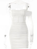 Double Layer Mesh Bodycon Dress Women's Summer One Shoulder Zipper Mini Dresses Women Sexy Night Club Party