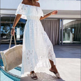 2022 Boho One Word Collar Lace Hook Flower Hollow Irregular White Long Dresses Lady Sexy Off Shoulder Beach Casual