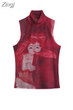 Dye Mesh High Neck Hand Painted Printed Women Top 2023 Summer Fashion Sleeveless Slim T Shirt Lady Holiday Beach Style