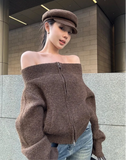 Off-Shoulder Zipper Knitted Jacket- Outfit