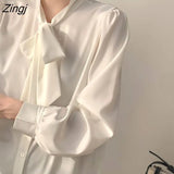 Women Shirts Elegant Spring Long Sleeve Office Bow White Clothing Solid Simple Tops All-match Leisure Breathable