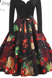 Women Elegant Vintage Christmas Party Dress Long Sleeve V Neck High Waist Casual Midi Xmas Winter Clothing S~3XL