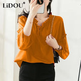 Autumn Women's Ruffles Lace Up Loose Casual Pullover Chiffon Shirt Oversized Lantern Long Sleeve Blusa All-match