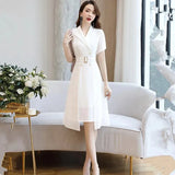 summer fashion suit collar dress female celebrity temperament mid-length French dress with waist and thinness reducing