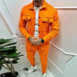 Solid Men 2-piece Set Fall Fashion Long Sleeve Lapel Single Breasted Coat And Long Work Pants Suit Men Pocket Sports