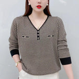 Winter Oversized V-neck Vintage Houndstooth Loose Casual T-shirt Female Long Sleeve Wild Pullover Top Women Bottomed