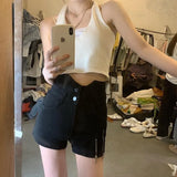 Women Denim Distressed Vintage Retro College Large Size Ulzzang High Waist Summer Trouser Slim Daily Femme Zipper
