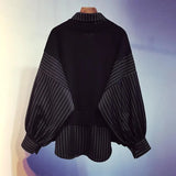 Balck Striped Women Blouses Harajuku Vintage Fake Two-piece Knitted Oversize White Shirt Basic Female Long Sleeve