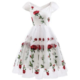 Runway Women's Dress Slash Neck Mesh Hem Lace Flowers Slim Elegant White Black Rose Party Dresses Vestidos De