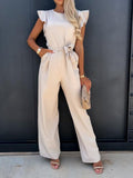 Waist Lace-up Belt Jumpsuit Women Commute Summer Office Overalls Fashion Flying Sleeve Female Solid Romper