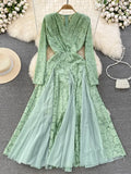 Autumn Women Mesh Patchwork Lace Long Dress Vintage V-Neck A-Line Elegant Party Maxi Robe Purple/White/Green Vestido