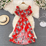 Vintage Women Printed Dresss Sexy Square Collar Short Puff Sleeve High Waist A-Line Vacation Beach Vestidos Female