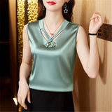Summer V Neck Solid Youth Shirt Fashion Sleeveless Satin Blouse for Woman Loose Casual Silk Top Blusas Elegant