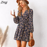 PETAL Plunge Neck A-Line Mini Dress For Woman Ditsy Floral Sexy Long Sleeve Party Dress 2023 Spring Autumn Female