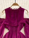 Vintage Women Hollow Out Long Dress Elegant Ruffle O-Neck High Waist A-Line Big Swing Party Vestidos Female New