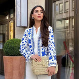 Casual Embroidery Blue And White Porcelain Coat Women Elegant Single Breasted Loose Jacket Chic Tops Vintage Spring