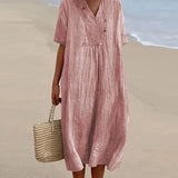 V-neck Short Sleeve Pleated Long Dress Simple Solid Color Loose Women Dress 2023 Summer Beach Cotton Linen Dress