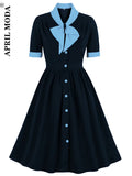 Vintage Midi Dress Women Summer 50s Bow Collar Elegant Office Casual Button Shirt Jurk Ladies Retro Rockabilly