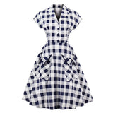 England Style Summer Casual Swing Dress Plaid Printed Red Turn Down Collar Cotton Retro Vintage Pinup Rockabilly