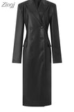 Spring Autumn Long Black Fitted Soft Pu Leather Trench Coat for Women with Shoulder Pads Luxury Designer Clothing