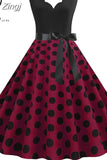 Dot Print Vintage Women Summer Dress Black Patchwork Sleeveless V neck Elegant Party Dresses Casual Robe