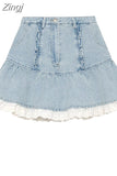 Women's Lace Patchwork Denim Skirt Summer High Waist A-line Skirts Clothes Harajuku Y2k Kawaii 90s Girls Jean Mini Skirts